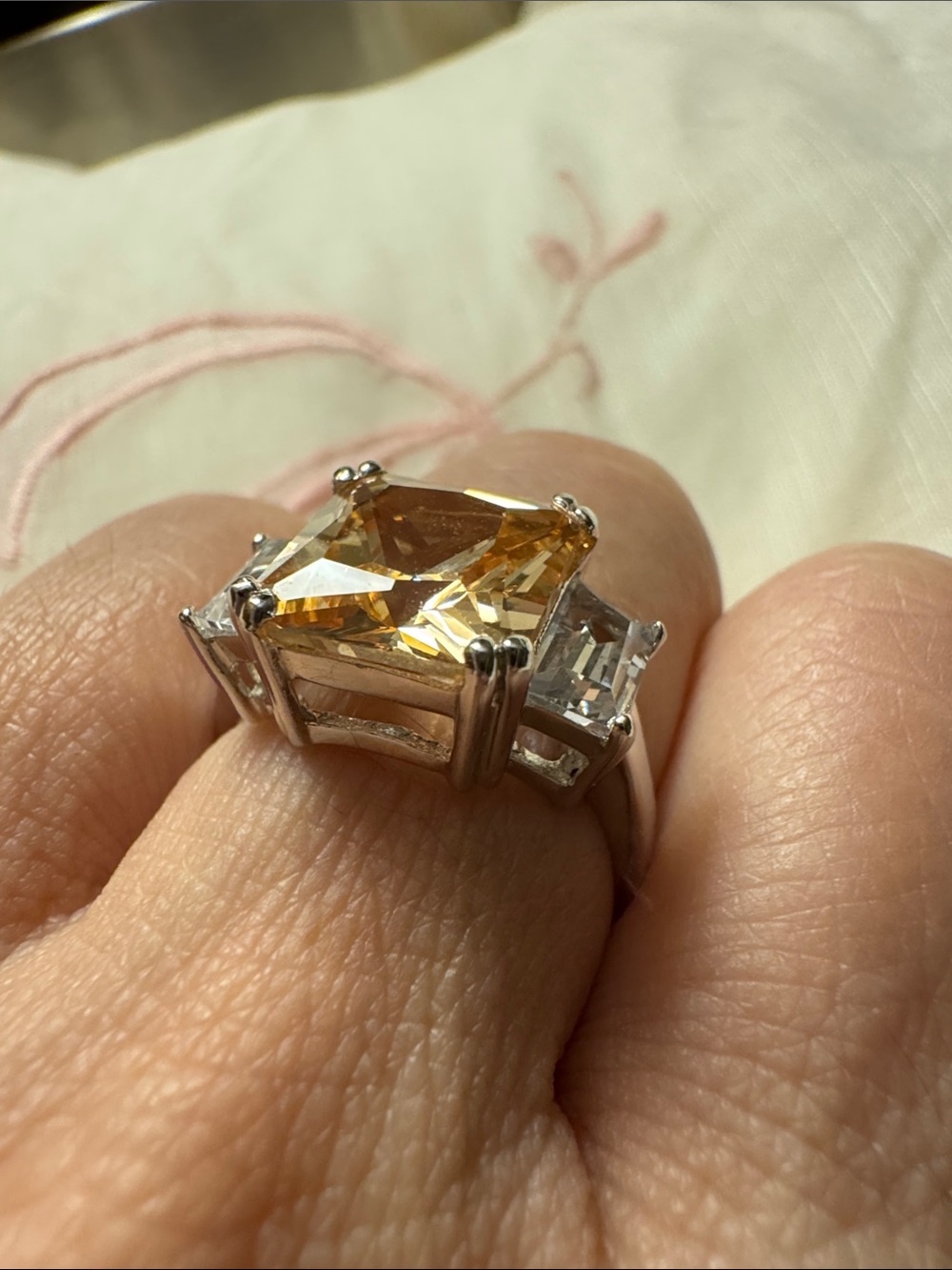 Sterling Silver Citrine-Center Three-Stone Ring - Yellow Gemstone